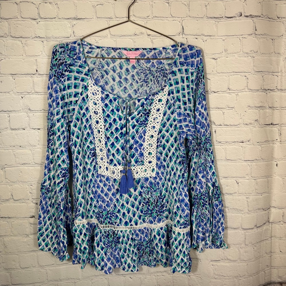 Lilly Pulitzer Amisa Top Blue Green Geometric Print Crochet Tassel Peplum‎ Small
